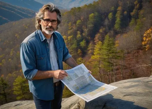 Middle-aged male architect, rugged facial features, messy brown hair, black-framed glasses, worn denim shirt, faded blue jeans, scuffed work boots, holding a blueprint, standing on a rocky mountain sl