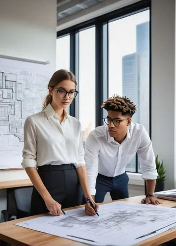 Young male/female, intern, standing/sitting in front of a drafting table, wearing glasses, neat hair, casual office attire, white shirt, dark pants, sneakers, holding a pencil/pen, with architectural 