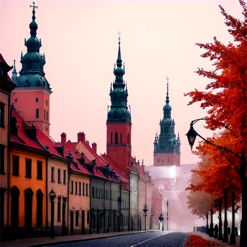 Warsaw cityscape, Poland, morning fog, old town, historic buildings, Gothic architecture, steeples, red rooftops, narrow streets, street lamps, autumn leaves, soft sunlight, 3/4 composition, shallow d