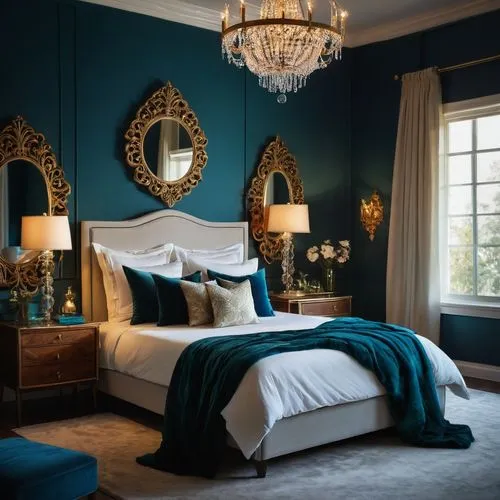 headboards,ornate room,blue room,headboard,bedchamber,chambre,nightstands,guest room,dark blue and gold,blue lamp,great room,bedroom,victorian room,bedrooms,guestroom,blue pillow,bedstead,bedspreads,navy blue,claridge,Conceptual Art,Daily,Daily 22
