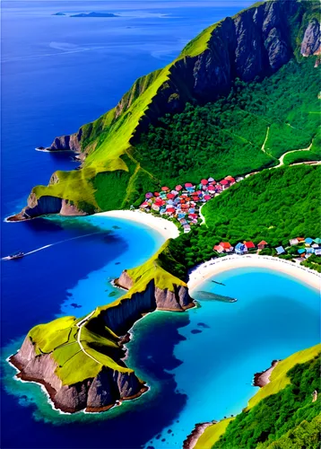 Flores island map, detailed topography, green lush forests, rugged terrain, steep cliffs, sandy white beaches, crystal clear turquoise waters, traditional villages, thatched roofs, colorful boats dock