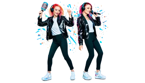 Upbeat DJ, headphones, colorful hair, dynamic dance moves, shiny jacket, flashy sneakers, microphone, vinyl records, turntables, bright stage lights, confetti, smoke effects, low-angle shot, fast-pace