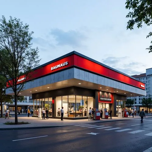 Functional gas station, Bauhaus style, rectangular form, flat roof, large windows, steel beams, concrete walls, industrial materials, bold typography, geometric shapes, primary color scheme, functiona