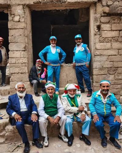 75-year-old Kasim Yahia Ali Hussein (left) sits with a group of men outside an abandoned building in Mosul's Old City. <br />,turpan,aesulapian staff,uzbekistan,qom province,bukhara,pamir,dervishes,zo