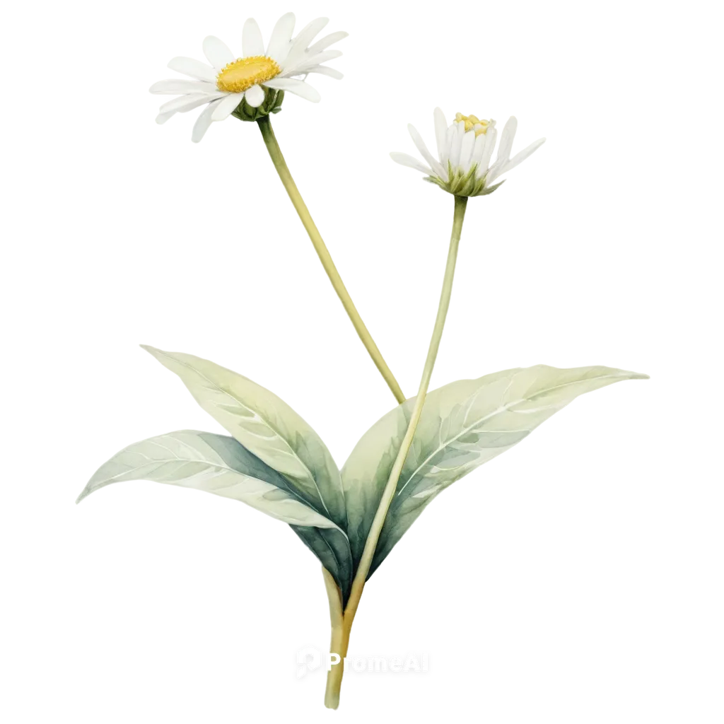 daisy, botanical illustration, white petals, yellow center, delicate stem, green leaves, intricate details, watercolor texture, soft brushstrokes, pastel colors, 3/4 composition, shallow depth of fiel