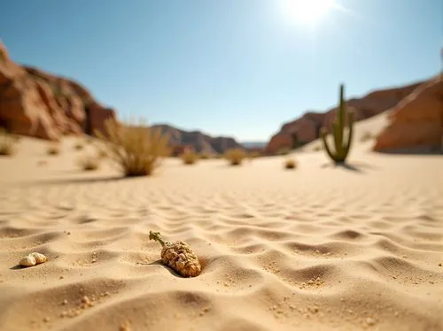 Warm beige sand, coarse granular texture, natural earthy tone, desert landscape, sandy dunes, cactus plants, hot sunny day, clear blue sky, vast open space, organic natural forms, intricate patterns, 