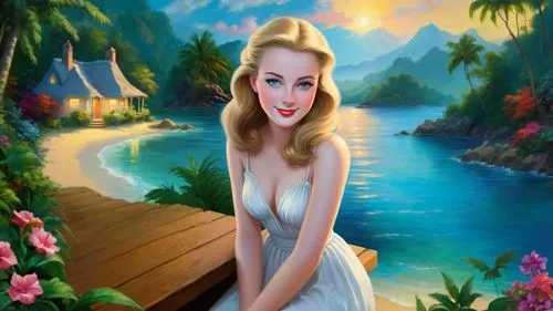 Romantic masterpiece oil painting, cute girl portrait, nostalgic 1950's style kitsch, vibrant rainforest landscape, lush tropical jungle paradise, summer beach vacation seaside cottage scenery, by Tho