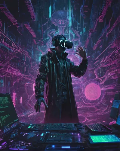 cyberpunk,cyber,matrix,electro,cyber glasses,mute,scifi,cyberspace,dystopia,futuristic,electronic,old elektrolok,man with a computer,techno,conductor,dj,synthesis,computer,vapor,dystopian,Illustration,Realistic Fantasy,Realistic Fantasy 47