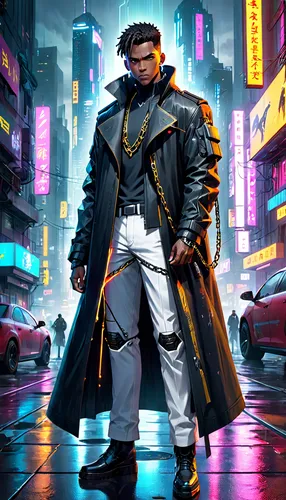 cyberpunk,blade,lando,enforcer,cg artwork,novelist,sci fiction illustration,kingpin,abel,renegade,gangstar,matador,bomber,cyborg,futuristic,black businessman,ranger,jacket,game art,would a background,Anime,Anime,General