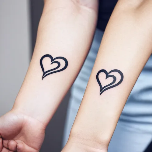 Capture the bond between sisters in a minimalist tattoo design. Use simple lines to depict two hearts intertwined, complemented by the word 'sisters' in a sleek font.,heart design,heart line art,two h