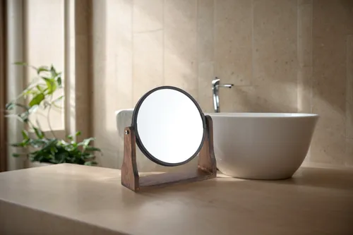 exterior mirror,bathroom accessory,washbasin,toothbrush holder,basin,wash basin,toilet roll holder,table lamp,wood mirror,bathroom cabinet,wall lamp,soap dish,wall light,plumbing fixture,toilet table,energy-saving lamp,plate shelf,product photography,cuckoo light elke,halogen spotlights