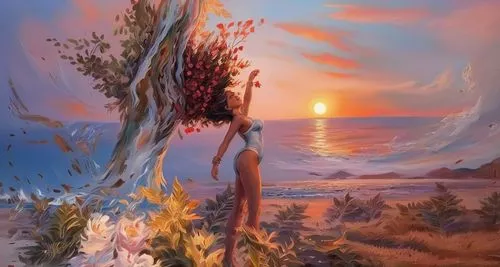 fantasy picture,fantasy art,mother earth,mermaid background,girl with tree,mother nature,girl on the dune,garden of eden,landscape background,shamanism,surrealism,coastal landscape,shamanic,burning bu