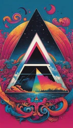 Design a vibrant Pink Floyd logo with psychedelic elements.,pyramid,triangles background,pyramids,prism,neon arrows,triangle,chevron,acid lake,triangular,masons,volcano,kaleidoscope,80's design,triang