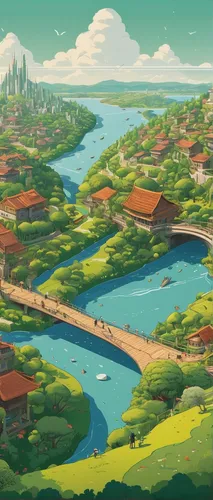 studio ghibli,meteora,an island far away landscape,river landscape,riverside,peninsula,valley,merida,aurora village,gobelin,the valley of the,ancient city,fantasy city,green valley,a river,landscape background,french digital background,spa town,panoramic landscape,river delta,Illustration,Vector,Vector 02