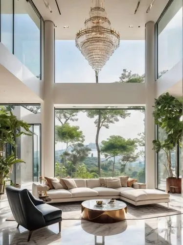 Luxury villa, modern architecture, glass facade, large windows, sliding doors, minimalist interior, high ceiling, marble flooring, grand staircase, elegant chandelier, greenery indoor garden, cozy liv