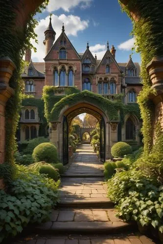 Victorian England, grand mansion, Gothic Revival style, intricate stone carvings, stained glass windows, pointed arches, ornate iron gates, sprawling gardens, fountain, walking path, lanterns, brick w