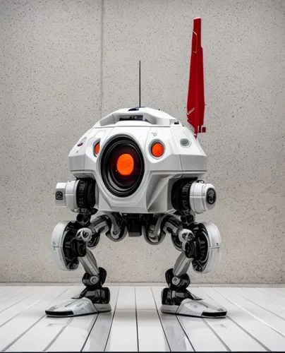 A robot constructed from smooth white plastic, one central red eye, hydraulic legs, one large antenna,minibot,robotics,industrial robot,radio-controlled toy,military robot,robot eye,robot combat,bot,r