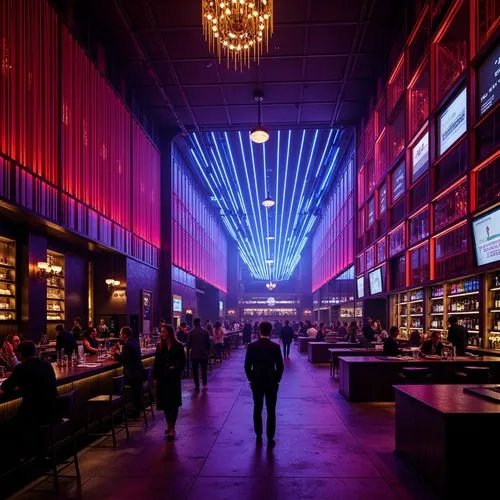 Vibrant nightclub, dark mysterious atmosphere, strobe lights, pulsating lasers, futuristic neon signs, metallic surfaces, glossy floors, luxurious VIP areas, velvet drapes, champagne bars, DJ booths, 