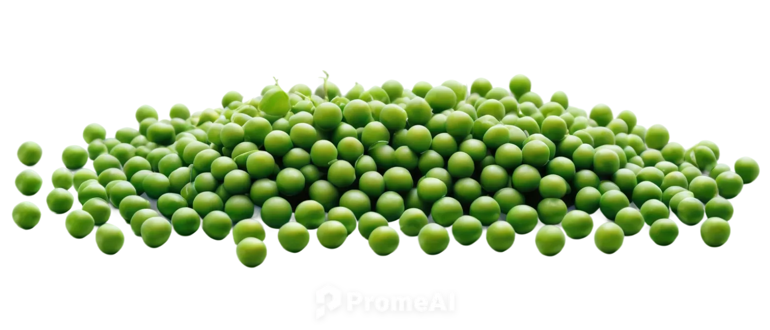 Green peas, scattered, solo, detailed texture, smooth surface, slight shine, round shape, tender stem, delicate leaves, morning dew, soft natural light, 3/4 composition, shallow depth of field, warm c