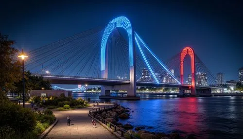 dallas,anzac bridge,odaiba,rainbow bridge,memorial bridge,zakim,atx,zilker,cable-stayed bridge,puente,riverwalk,kvue,harbor bridge,han river,akashi-kaikyo bridge,riverfront,red and blue,matagorda,angel bridge,light trails