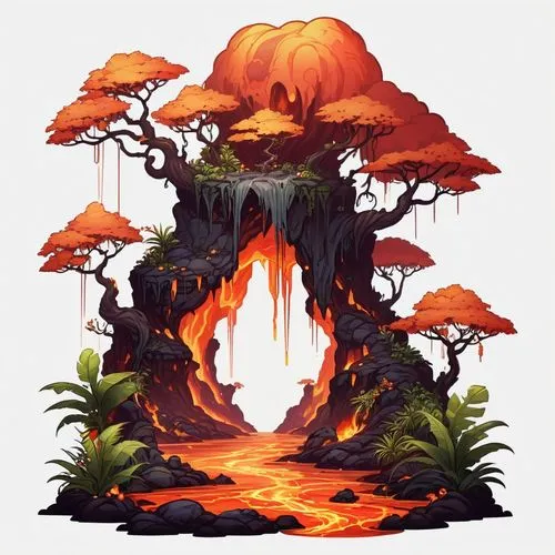 mushroom island,mushroom landscape,tree mushroom,maplestory,burning tree trunk,mushroom cloud,Illustration,Abstract Fantasy,Abstract Fantasy 11