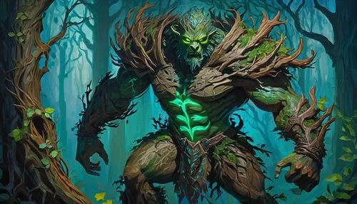 Warforged Druid, male, muscular, green skin, glowing tattoos, werewolf-like features, intricate wooden armor, vines wrapped around arms and legs, fierce expression, standing proudly, misty forest back