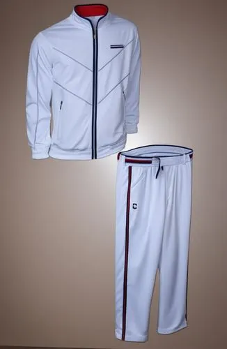 Men's white polyester track suit, navy Chevron chest stripe, flat waist pant, small accent belt on waist, navy stripe on jacket sleeve and pant leg,Men's custom track suit ,a uniform,uniforms,uniform,