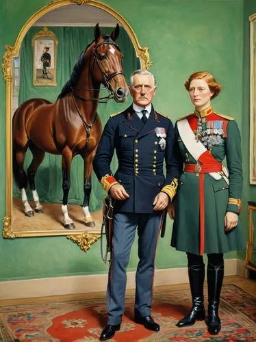 Count Karl stands at attention in front of the impressive equestrian portrait of his respectable African-born but Prussian girlfriend, Colonel-General Viktoria-Louise von Manteuffel.,the military offi