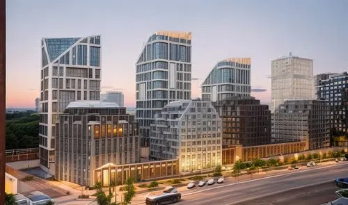 Clear summer night, row of residential brick buildings with architectural lighting, surrounded by glass buildings with white stripes with architectural lighting,hoboken condos for sale,hudson yards,ur