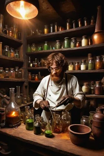 Halfling, male, alchemist, messy brown hair, thick eyebrows, goggles on forehead, white apron, leather gloves, holding beaker, mixing chemicals, wooden workbench, dimly lit laboratory, stone walls, sh