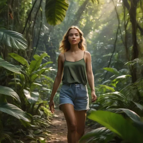 costa rica,jungle,rain forest,in shorts,jean shorts,rainforest,aaa,tropical jungle,jungle leaf,in the forest,farmer in the woods,female hollywood actress,forest background,bermuda shorts,shorts,safari,digital compositing,garden of eden,in green,monstera,Photography,General,Natural