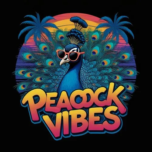 a poster with a peacock and sunglasses,peacocke,peacocks,good vibes word art,peaceniks,peacock,peacocks carnation