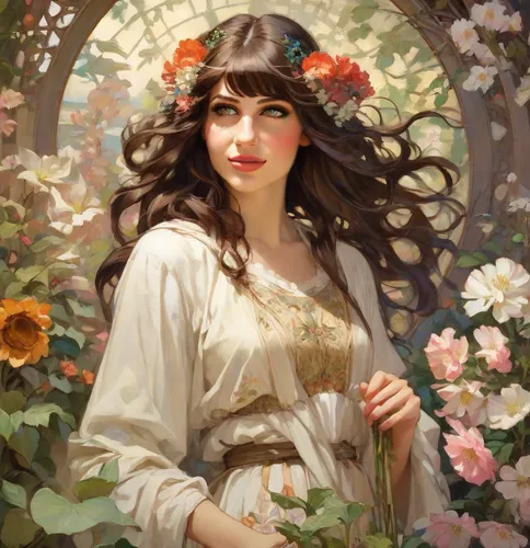 portrait of girls with dark brown hair in the painting style of Alphonse Mucha, blooming garden, flowers.,girl in a wreath,girl in flowers,wreath of flowers,fantasy portrait,blooming wreath,jasmine bl