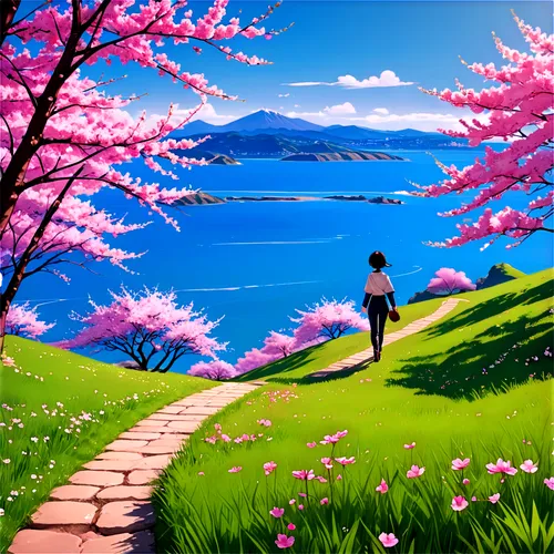 japanese sakura background,sakura background,springtime background,spring background,walking in a spring,landscape background,blooming field,sakura trees,japan landscape,the cherry blossoms,pink grass,hanami,takato cherry blossoms,takahata,cherry blossoms,sakura blossom,cherry blossom,sea of flowers,purple landscape,nature background,Unique,Design,Character Design