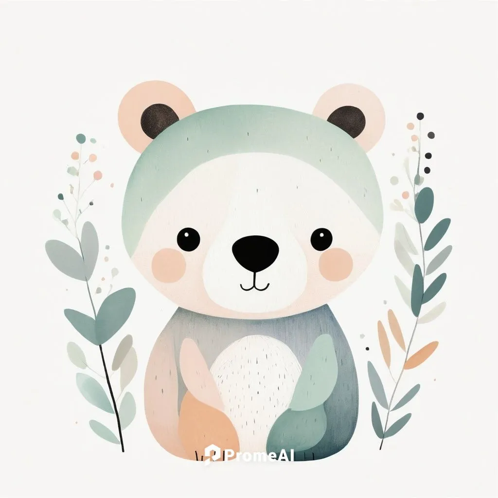 A cute bear clipart, organic forms, in the style of Jon Klassen, desaturated light and airy pastel color palette, nursery art, white background
,cub,cute bear,bear cub,bear,little bear,mustelid,red pa