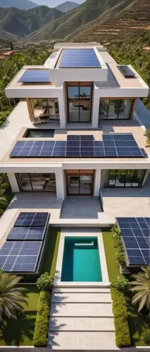 Modern villa, complex roof structure, multiple layers, sharp edges, symmetrical design, grey concrete tiles, solar panels on top, skylights, clerestory windows, grand entrance, luxurious facade, Medit