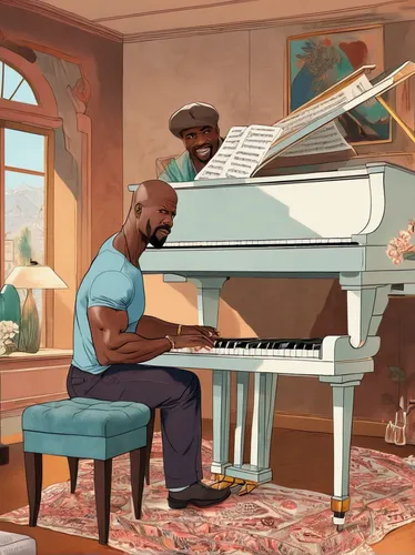 Illustrate a heartwarming scene of Terry Crews playing the piano in a cozy living room.,piano player,piano lesson,jazz pianist,the piano,piano,pianist,play piano,player piano,electric piano,piano bar,