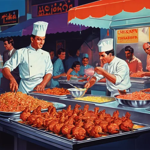 Create a mouth-watering description of chicken tikka being prepared in a bustling street food stall.,nasi kandar,filipino barbecue,nepalese cuisine,singaporean cuisine,sri lankan cuisine,filipino cuis