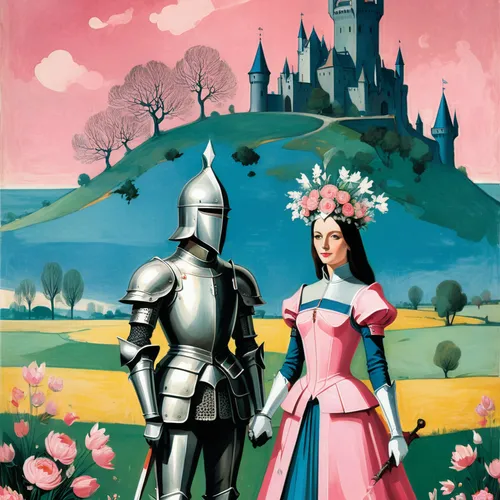 couple of woman in medieval dress with high cap headdress and knight in armor with open visor holding bouquet of flowers standing next to each other, storybook illustration, Terry Oakes, tumblr, forma