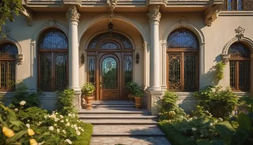 1920s architecture house, European-style villa, ornate facade, grand entrance, stone columns, intricate carvings, wooden door, stained glass windows, flower-patterned roof tiles, lush greenery surroun