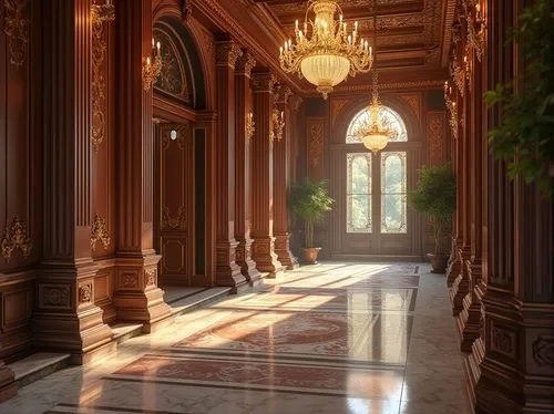 hallway,corridor,enfilade,dolmabahce,royal interior,corridors,alcazar of seville,ballroom,cochere,ornate room,hallway space,entrance hall,ritzau,crown palace,emirates palace hotel,mikhailovsky,foyer,entranceway,chateauesque,neoclassical,Photography,General,Realistic