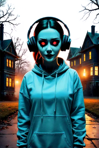 Spooky atmosphere, eerie ambiance, creepy sounds, 3D audio, stereo headphones, dark background, glowing eyes, sinister grin, mysterious figure, old mansion, abandoned asylum, foggy night, low-key ligh