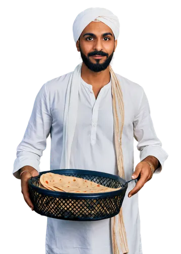 Indian man, chapati vendor, street food stall, traditional clothing, white kurta, loose pants, turban, beard, mustache, holding chapati basket, warm lighting, shallow depth of field, vibrant colors, 3