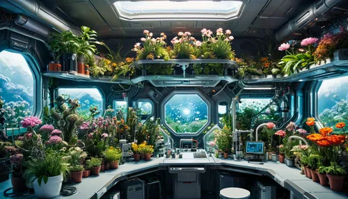 Biological high-tech laboratory on a spaceship, many living organisms, flowers, plants, high-tech multi-tiered system, space background,valerian,aquarium decor,aquarium,fish tank,aquariums,the bus spa