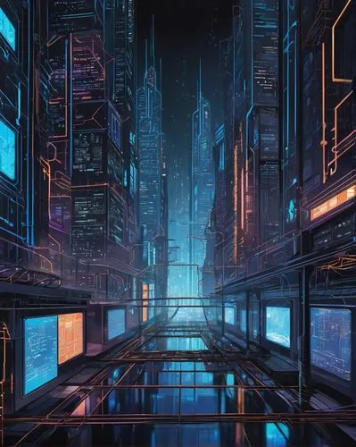 Cyberpunk cityscape, futuristic skyscrapers, neon lights reflecting off glass windows, complex network of wires and circuits, microservices architecture diagram, colorful nodes and edges, 3D visualiza