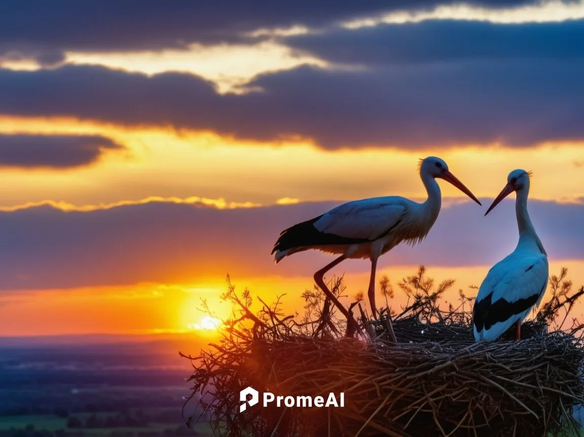 Stork nest, sunset, high professional quality photo, 8k,grey crowned cranes,white storks,cranes from eberswalde,storks,rattle stork,red-crowned crane,stork,loving couple sunrise,whooping crane,the dan