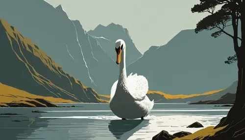 Swan with sword and shield, Lord of the Rings, 1978 animated edition, realistic, sword and shield, simplistic, in Dol Amroth,swan on the lake,swan,trumpeter swans,egret,trumpeter swan,swans,swan lake,