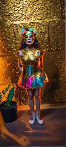 a  in an ornate dress and mask standing next to a potted plant,mascarita,alebrije,tezcatlipoca,azteca,arlecchino,maracatu,Photography,Artistic Photography,Artistic Photography 08