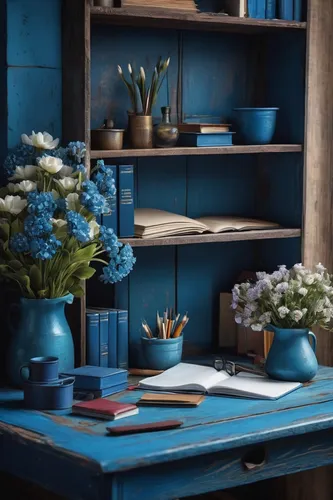 blue painting,still life of spring,writing desk,mazarine blue,blue lamp,blue and white porcelain,flower arranging,flower painting,wooden desk,wood and flowers,blue flowers,workbench,blue wooden bee,plumbago,hyacinths,blue flax,blue room,wooden shelf,forget-me-nots,bookcase,Conceptual Art,Fantasy,Fantasy 14