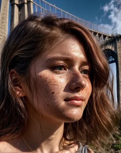 woman's freckle looks as if it were wet from the sun,brooklyn bridge,manhattan bridge,under the bridge,harbor bridge,bridged,girl on the river